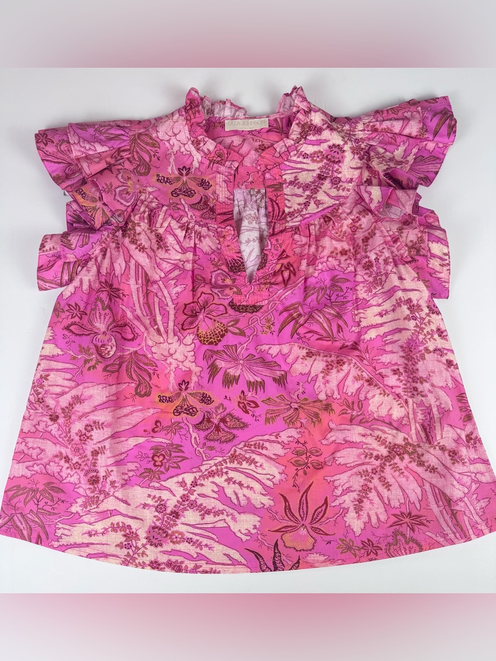 Ulla Johnson Lei Top in Camellia Women Size 2 Floral Fuchsia Ruffle Sleeves